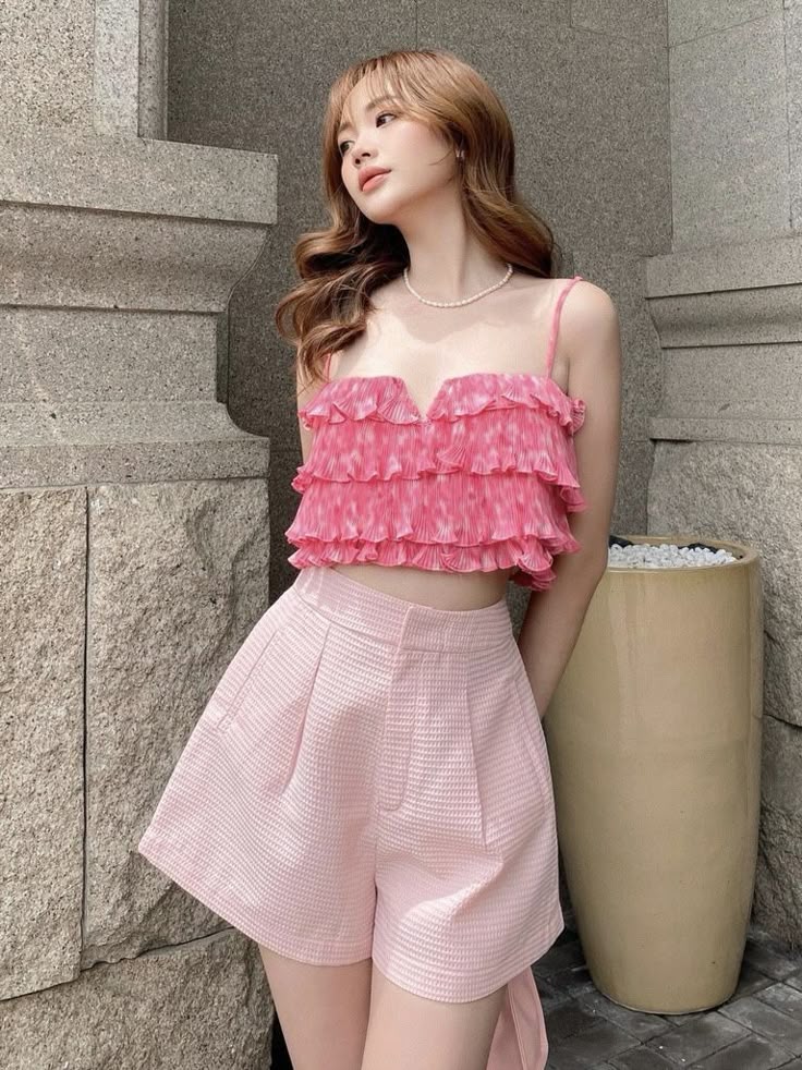 Ruffled Crop Top & High-Waist Shorts Set