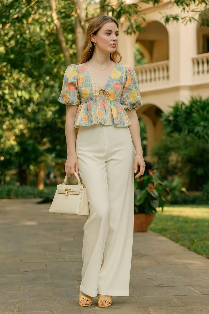 Printed Peplum Top with Wide-Leg Pants