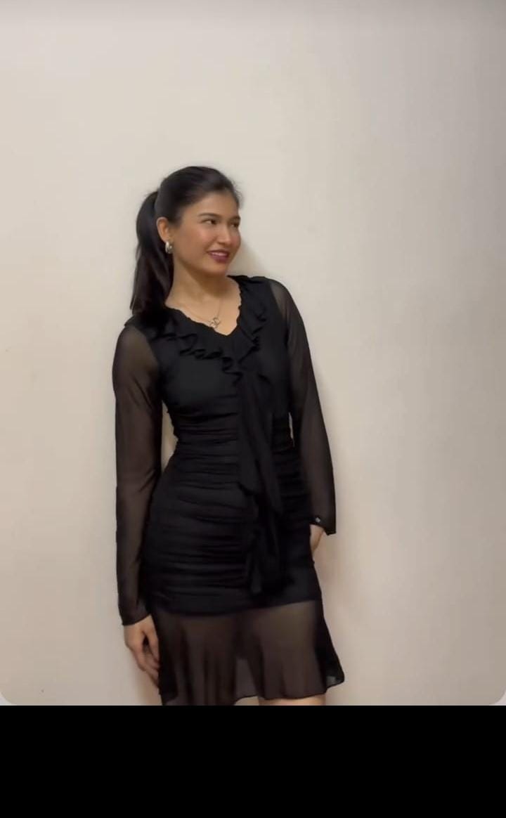 Black Ruffle Mini Dress with Sheer Sleeve